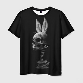Мужская футболка 3D с принтом Зая в Тюмени, 100% полиэфир | прямой крой, круглый вырез горловины, длина до линии бедер | бабочки | животные | зая | заяц | кости | кролик | череп | черно белый | черное и белое