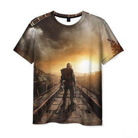 Мужская футболка 3D с принтом Metro 2033 постапокалипсис в Тюмени, 100% полиэфир | прямой крой, круглый вырез горловины, длина до линии бедер | 2033 | будущее | закат | метро | метро2033 | постапокалипсис | противогаз | радиация | сталкер