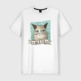 Мужская футболка премиум с принтом Котик не любит Математику в Тюмени, 92% хлопок, 8% лайкра | приталенный силуэт, круглый вырез ворота, длина до линии бедра, короткий рукав | алгебра | геометрия | кот | котик | котэ | кошка | математика