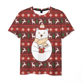 Мужская футболка 3D с принтом Новогодний мишка с кофе в Тюмени, 100% полиэфир | прямой крой, круглый вырез горловины, длина до линии бедер | 2019 | белый | белыймедведь | вязанный | зефирки | зимний | кофе | медведь | мишка | новыйгод | олени | свитерсоленями | шарф