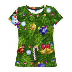 Женская футболка 3D с принтом Ёлка новогодняя в Тюмени, 100% полиэфир ( синтетическое хлопкоподобное полотно) | прямой крой, круглый вырез горловины, длина до линии бедер | гирлянда | ель | иголки | игрушки шарики | костюм | мишура | пихта | праздник | рождество | снеговик | хвоя