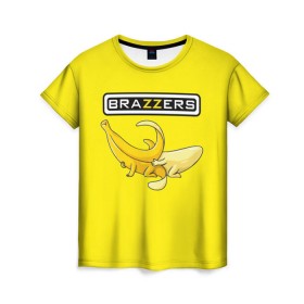 Женская футболка 3D с принтом Brazzers в Тюмени, 100% полиэфир ( синтетическое хлопкоподобное полотно) | прямой крой, круглый вырез горловины, длина до линии бедер | brazzers | банан | бразерс | логотип | надпись | прикол | юмор