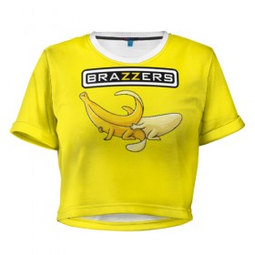 Женская футболка 3D укороченная с принтом Brazzers в Тюмени, 100% полиэстер | круглая горловина, длина футболки до линии талии, рукава с отворотами | brazzers | банан | бразерс | логотип | надпись | прикол | юмор