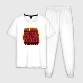 Мужская пижама хлопок с принтом Учитель Супер Герой (2 сторон) в Тюмени, 100% хлопок | брюки и футболка прямого кроя, без карманов, на брюках мягкая резинка на поясе и по низу штанин
 | 