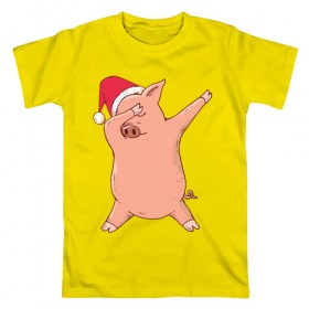 Мужская футболка хлопок с принтом Новогодняя Свинка в Тюмени, 100% хлопок | прямой крой, круглый вырез горловины, длина до линии бедер, слегка спущенное плечо. | 