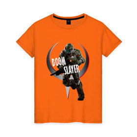 Женская футболка хлопок с принтом Quake Champions (Doom Slayer) в Тюмени, 100% хлопок | прямой крой, круглый вырез горловины, длина до линии бедер, слегка спущенное плечо | 0x000000123 | doom | qc | quake champions | slayer | дум | квейк чемпионс