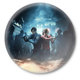 Значок с принтом Resident Evil 2 в Тюмени,  металл | круглая форма, металлическая застежка в виде булавки | 2 | 2019 | resident evil | герои | игра | клер | клэр | леон | обитель зла | пистолеты | постер | ремейк