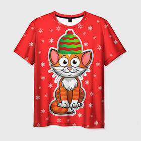 Мужская футболка 3D с принтом Котик в Тюмени, 100% полиэфир | прямой крой, круглый вырез горловины, длина до линии бедер | Тематика изображения на принте: животные | зима | кот | котенок | котик | кошка | новый год | подарок | праздник | снег | снежинки