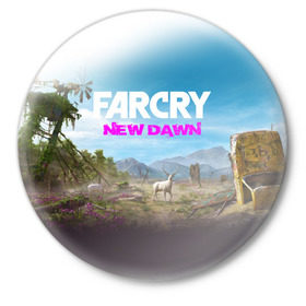 Значок с принтом FAR CRY NEW DAWN в Тюмени,  металл | круглая форма, металлическая застежка в виде булавки | Тематика изображения на принте: action | far cry | far cry new dawn | game | gamer | montana | player | shooter | usa | врата эдема | знак | игра | культ | секта | символ | символика | шутер | эдем