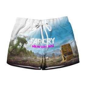 Женские шорты 3D с принтом FAR CRY NEW DAWN в Тюмени, 100% полиэстер | прямой крой, два кармана без застежек по бокам. Мягкая трикотажная резинка на поясе, внутри которой широкие завязки. Длина до середины бедра | action | far cry | far cry new dawn | game | gamer | montana | player | shooter | usa | врата эдема | знак | игра | культ | секта | символ | символика | шутер | эдем