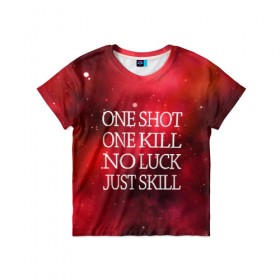 Детская футболка 3D с принтом One Shot One Kill в Тюмени, 100% гипоаллергенный полиэфир | прямой крой, круглый вырез горловины, длина до линии бедер, чуть спущенное плечо, ткань немного тянется | counter strike. one shot | cs go | csgo | game | one kill | ван шот | красный | лого | надпись | текст
