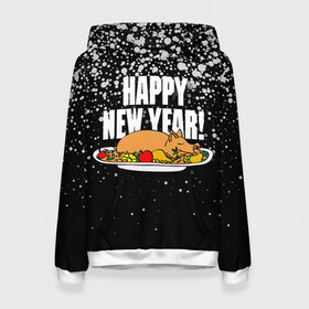 Женская толстовка 3D с принтом Happy New Year! в Тюмени, 100% полиэстер  | двухслойный капюшон со шнурком для регулировки, мягкие манжеты на рукавах и по низу толстовки, спереди карман-кенгуру с мягким внутренним слоем. | 2019




  | food | happy new year | merry christmas | pig | еда | новый год | рождество | свинья