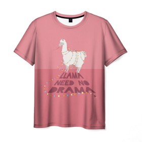 Мужская футболка 3D с принтом LLama need no Drama в Тюмени, 100% полиэфир | прямой крой, круглый вырез горловины, длина до линии бедер | Тематика изображения на принте: glama | lama | анд | горы | дикое | домашнее | животное | индейци | лама | мех | шерсть