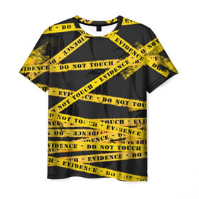 Мужская футболка 3D с принтом Улика - не трогать в Тюмени, 100% полиэфир | прямой крой, круглый вырез горловины, длина до линии бедер | art | black | dark | evidence | fashion | graffiti | paint | stripes | texture | underground | yellow | желтый | краска | лента | опечатано | преступление | улика | черный