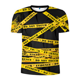 Мужская футболка 3D спортивная с принтом Улика - не трогать в Тюмени, 100% полиэстер с улучшенными характеристиками | приталенный силуэт, круглая горловина, широкие плечи, сужается к линии бедра | Тематика изображения на принте: art | black | dark | evidence | fashion | graffiti | paint | stripes | texture | underground | yellow | желтый | краска | лента | опечатано | преступление | улика | черный