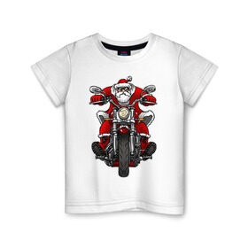 Детская футболка хлопок с принтом Санта на байке в Тюмени, 100% хлопок | круглый вырез горловины, полуприлегающий силуэт, длина до линии бедер | art | new year | santa | арт | байк | байкер | дед мороз | мороз | мотоцикл | на бацке | новогодний | новый год | рисунок | санта клаус
