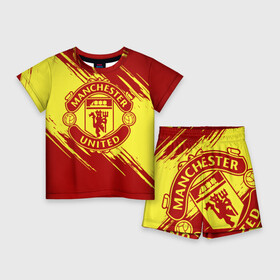 Детский костюм с шортами 3D с принтом Манчестер Юнайтед в Тюмени,  |  | manchester | manchester united | mufc | red devils | клубная | красные дьяволы | манчестер | манчестер юнайтед | фанатская | футбольная | футбольный клуб | юнайтед