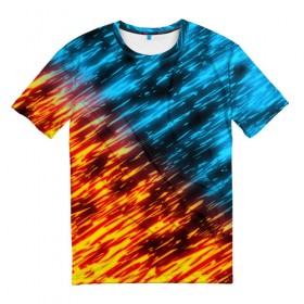 Мужская футболка 3D с принтом БИТВА СТИХИЙ в Тюмени, 100% полиэфир | прямой крой, круглый вырез горловины, длина до линии бедер | blue | bright | fire | heat | ice | light | orange | wildfire | битва огней | битва стихий | искры | огненный | огонь | оранжевый | пламя | пожар