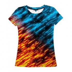 Женская футболка 3D с принтом БИТВА СТИХИЙ в Тюмени, 100% полиэфир ( синтетическое хлопкоподобное полотно) | прямой крой, круглый вырез горловины, длина до линии бедер | blue | bright | fire | heat | ice | light | orange | wildfire | битва огней | битва стихий | искры | огненный | огонь | оранжевый | пламя | пожар