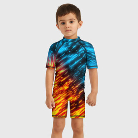 Детский купальный костюм 3D с принтом БИТВА СТИХИЙ в Тюмени, Полиэстер 85%, Спандекс 15% | застежка на молнии на спине | Тематика изображения на принте: blue | bright | fire | heat | ice | light | orange | wildfire | битва огней | битва стихий | искры | огненный | огонь | оранжевый | пламя | пожар