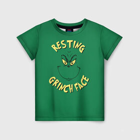 Детская футболка 3D с принтом Resting Grinch Face в Тюмени, 100% гипоаллергенный полиэфир | прямой крой, круглый вырез горловины, длина до линии бедер, чуть спущенное плечо, ткань немного тянется | grinch | гринч | новый год | рождество