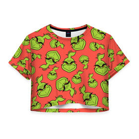 Женская футболка 3D укороченная с принтом Grinch в Тюмени, 100% полиэстер | круглая горловина, длина футболки до линии талии, рукава с отворотами | grinch | гринч | новый год | рождество