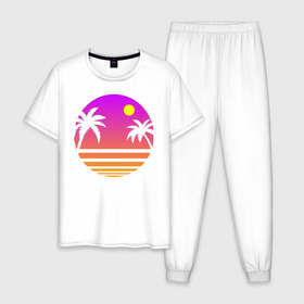 Мужская пижама хлопок с принтом Tequila Sunset в Тюмени, 100% хлопок | брюки и футболка прямого кроя, без карманов, на брюках мягкая резинка на поясе и по низу штанин
 | 80s | retro | retrowave | sunset | synthwave