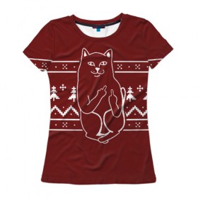 Женская футболка 3D с принтом Рождественский кот в Тюмени, 100% полиэфир ( синтетическое хлопкоподобное полотно) | прямой крой, круглый вырез горловины, длина до линии бедер | 