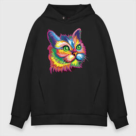 Мужское худи Oversize хлопок с принтом Радужный кот в Тюмени, френч-терри — 70% хлопок, 30% полиэстер. Мягкий теплый начес внутри —100% хлопок | боковые карманы, эластичные манжеты и нижняя кромка, капюшон на магнитной кнопке | Тематика изображения на принте: cat | cats | colourfully | rainbow | веселый кот | кот | котик | коша | радуга | радужная кошка | разноцветная