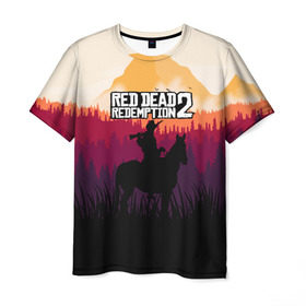 Мужская футболка 3D с принтом Red Dead Redemption 2 в Тюмени, 100% полиэфир | прямой крой, круглый вырез горловины, длина до линии бедер | game | gamer | rdr2 | red dead redemption 2 | rockstar studios | игры | ковбой