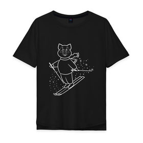 Мужская футболка хлопок Oversize с принтом Свинка на лыжах в Тюмени, 100% хлопок | свободный крой, круглый ворот, “спинка” длиннее передней части | 