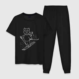 Мужская пижама хлопок с принтом Свинка на лыжах в Тюмени, 100% хлопок | брюки и футболка прямого кроя, без карманов, на брюках мягкая резинка на поясе и по низу штанин
 | Тематика изображения на принте: 