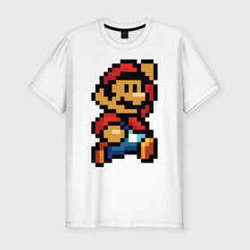 Мужская футболка премиум с принтом Супер Марио в Тюмени, 92% хлопок, 8% лайкра | приталенный силуэт, круглый вырез ворота, длина до линии бедра, короткий рукав | Тематика изображения на принте: 8 бит | 8bit | 8бит | bit | dendy | game | mario | pixel | super mario | денди | марио | пиксель | супер марио