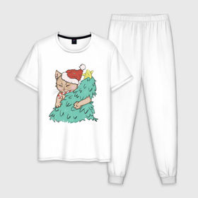 Мужская пижама хлопок с принтом Новогодний котик в Тюмени, 100% хлопок | брюки и футболка прямого кроя, без карманов, на брюках мягкая резинка на поясе и по низу штанин
 | 