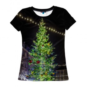 Женская футболка 3D с принтом Рождественская елка в Тюмени, 100% полиэфир ( синтетическое хлопкоподобное полотно) | прямой крой, круглый вырез горловины, длина до линии бедер | 