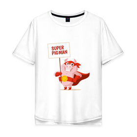 Мужская футболка хлопок Oversize с принтом Super Pigman в Тюмени, 100% хлопок | свободный крой, круглый ворот, “спинка” длиннее передней части | Тематика изображения на принте: 2019 | дед мороз | дом | елка | желание | животные | зима | кабан | милый | мороз | настроение | новый год | пеппа | подарок | позитив | поросенок | праздник | радость | рождество | санта клаус | свинка