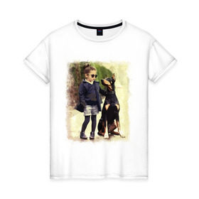 Женская футболка хлопок с принтом Девочка и доберман в Тюмени, 100% хлопок | прямой крой, круглый вырез горловины, длина до линии бедер, слегка спущенное плечо | девочка | доберман | дружба | животные | собака
