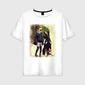 Женская футболка хлопок Oversize с принтом Девочка и доберман в Тюмени, 100% хлопок | свободный крой, круглый ворот, спущенный рукав, длина до линии бедер
 | девочка | доберман | дружба | животные | собака
