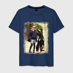 Мужская футболка хлопок с принтом Девочка и доберман в Тюмени, 100% хлопок | прямой крой, круглый вырез горловины, длина до линии бедер, слегка спущенное плечо. | девочка | доберман | дружба | животные | собака