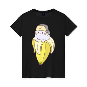 Женская футболка хлопок с принтом Бананька в Тюмени, 100% хлопок | прямой крой, круглый вырез горловины, длина до линии бедер, слегка спущенное плечо | Тематика изображения на принте: anime | bananya | cat | neko | аниме | бананька | кот