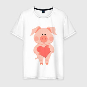 Мужская футболка хлопок с принтом Love Pig в Тюмени, 100% хлопок | прямой крой, круглый вырез горловины, длина до линии бедер, слегка спущенное плечо. | 2019 | дед мороз | дом | елка | желание | животные | зима | кабан | милый | мороз | настроение | новый год | пеппа | подарок | позитив | поросенок | праздник | радость | рождество | санта клаус | свинка