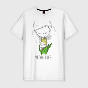 Мужская футболка хлопок Slim с принтом Vegan Love в Тюмени, 92% хлопок, 8% лайкра | приталенный силуэт, круглый вырез ворота, длина до линии бедра, короткий рукав | веганство | вегетарианство | здоровье | зелень | кукуруза | любовь | овощ | овощи | растение