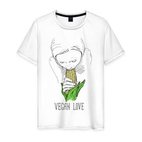 Мужская футболка хлопок с принтом Vegan Love в Тюмени, 100% хлопок | прямой крой, круглый вырез горловины, длина до линии бедер, слегка спущенное плечо. | Тематика изображения на принте: веганство | вегетарианство | здоровье | зелень | кукуруза | любовь | овощ | овощи | растение