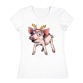 Женская футболка хлопок с принтом Свинья Олень в Тюмени, 100% хлопок | прямой крой, круглый вырез горловины, длина до линии бедер, слегка спущенное плечо | зима | новый год | олени | свинка | свинья