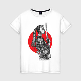 Женская футболка хлопок с принтом Самурай в Тюмени, 100% хлопок | прямой крой, круглый вырез горловины, длина до линии бедер, слегка спущенное плечо | аниме | катана | самурай | япония