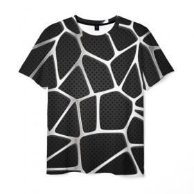 Мужская футболка 3D с принтом Серебряная паутина в Тюмени, 100% полиэфир | прямой крой, круглый вырез горловины, длина до линии бедер | Тематика изображения на принте: абстракция | алюминий | геометрия | карбон | нить | паутина | серебро | сеть | сталь