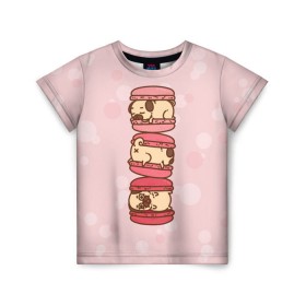 Детская футболка 3D с принтом Мопс Макарун в Тюмени, 100% гипоаллергенный полиэфир | прямой крой, круглый вырез горловины, длина до линии бедер, чуть спущенное плечо, ткань немного тянется | pug | десерт | мопс | пирожное | сладость