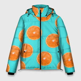 Мужская зимняя куртка 3D с принтом Апельсины в Тюмени, верх — 100% полиэстер; подкладка — 100% полиэстер; утеплитель — 100% полиэстер | длина ниже бедра, свободный силуэт Оверсайз. Есть воротник-стойка, отстегивающийся капюшон и ветрозащитная планка. 

Боковые карманы с листочкой на кнопках и внутренний карман на молнии. | Тематика изображения на принте: апельсин | апельсины | грейпфрукт | грейпфрут | разрез | сочный | фрукт
