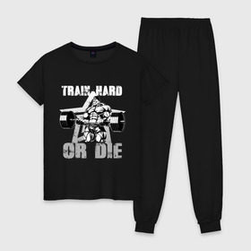 Женская пижама хлопок с принтом Train hard or die в Тюмени, 100% хлопок | брюки и футболка прямого кроя, без карманов, на брюках мягкая резинка на поясе и по низу штанин | gym | train hard or die | кач | качок | тренировка | трень или умри