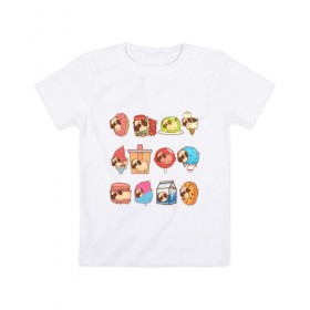 Детская футболка хлопок с принтом Мопсы в Тюмени, 100% хлопок | круглый вырез горловины, полуприлегающий силуэт, длина до линии бедер | cockie | fastfood | junkfood | pug | еда | мороженое | печенье | печеньки | пироженое | собака | фастфуд